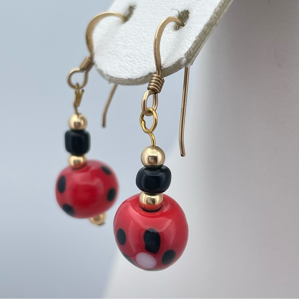 Handmade Ladybug Dangle Earrings – Red & Black Glass Beads, Gold Hooks - Picture 3 of 5